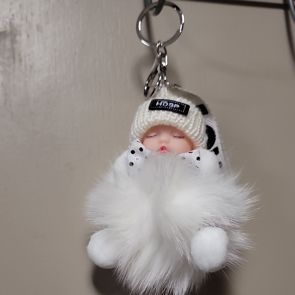Fluffy White Baby Keychain with Knitted Hat